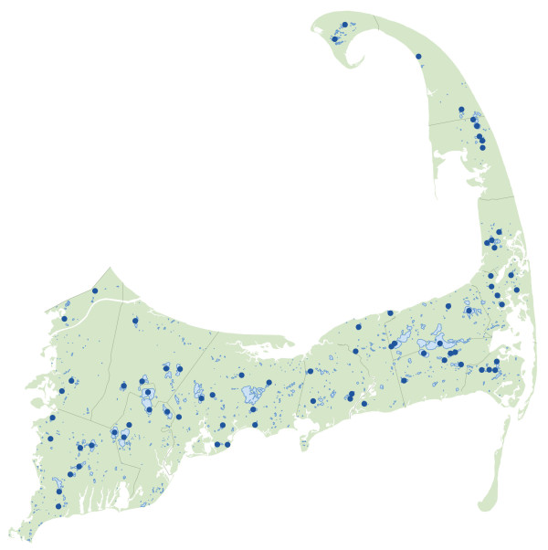 A map of Cape Cod indicating ponds that are currently being monitored.
